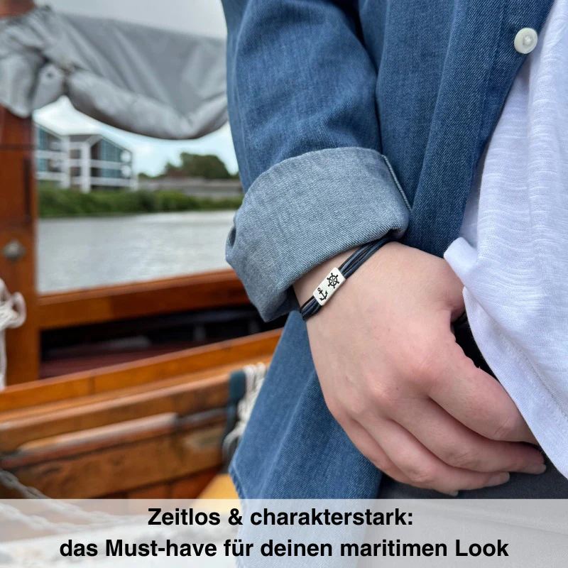 925er Silber-Armband "Steuermann" (nebelblau-schwarz) (Wachs-Cord) - Image 2