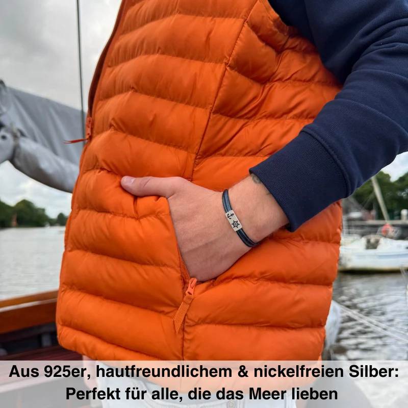 925er Silber-Armband "Steuermann" (nebelblau-schwarz) (Wachs-Cord) - Image 6