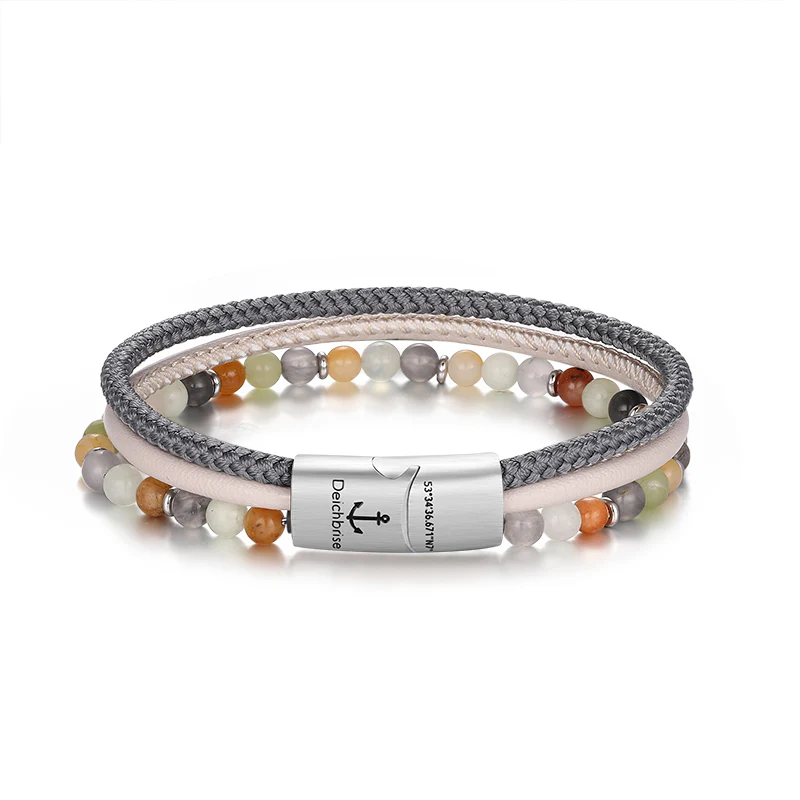 Armband Joleen (Multistrang) Leder, Segelseil, Quarz Kristall, Jade & Edelstahl Beads - Image 7