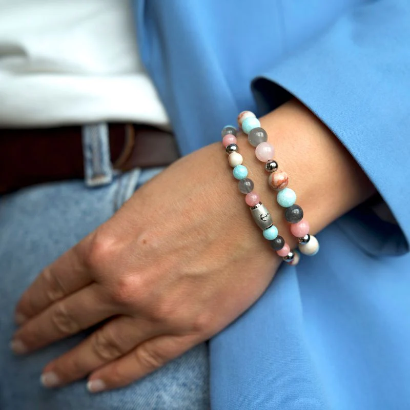 Armband Pellworm mit Pink Jade, Quarz-Kristall, Roter Netz Jaspis und Edelstahl-Beads - Image 4
