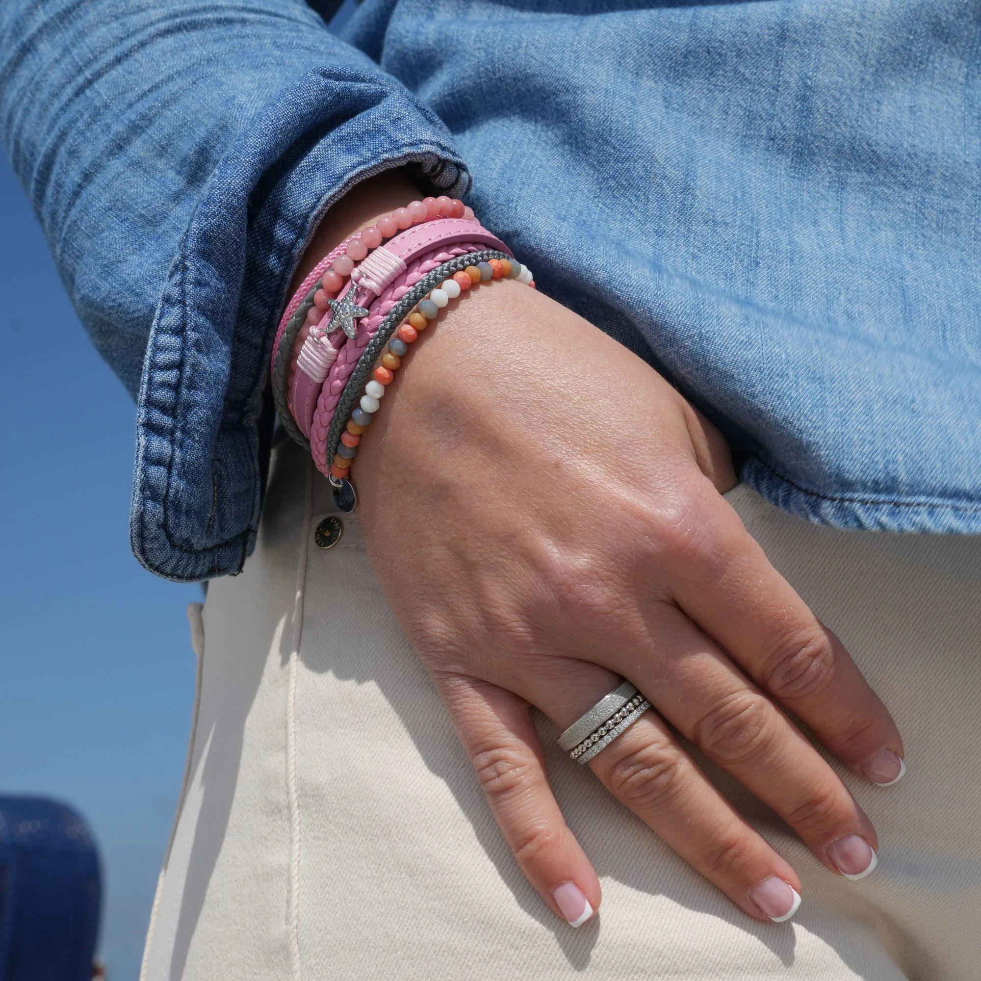 Armband Seestern (Multistrang) mit Segelseil, Leder & Pink Jade - Image 4