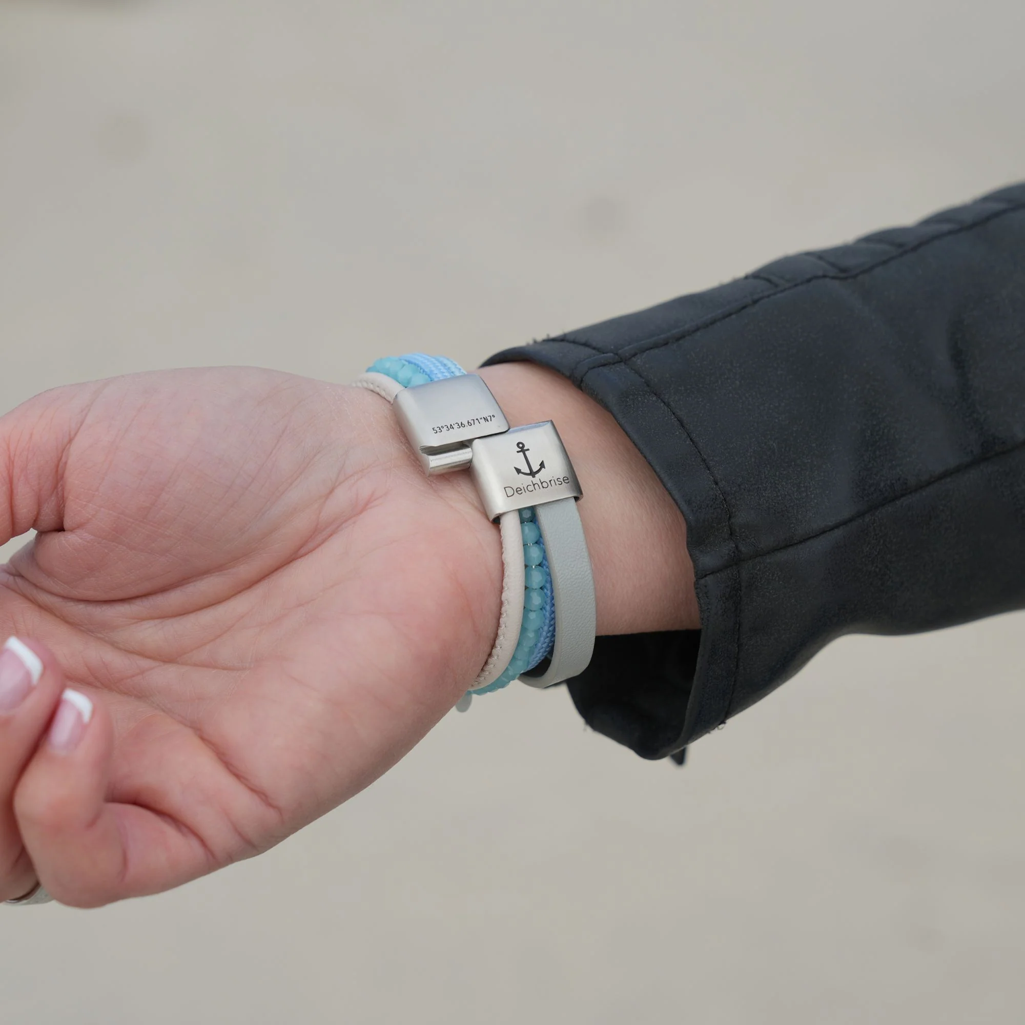 Armband Welle (Multistrang) mit Segelseil, Leder & Glasperlen - Image 3